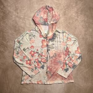 Vintage 90s Christopher & Banks Floral Print Chinese Text Zip Up Jacket Hoodie